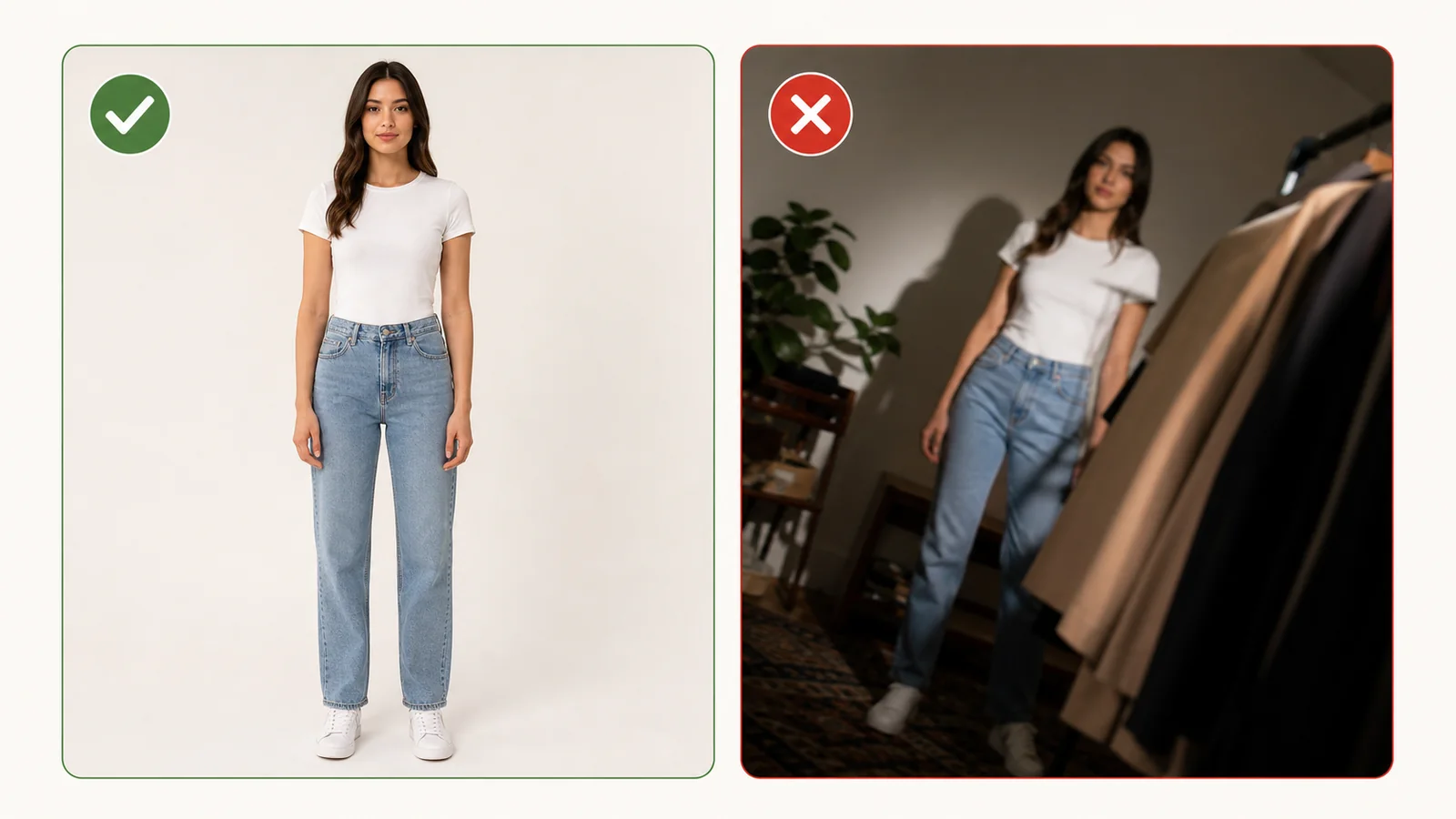 Good and bad photo comparison for AI virtual try-on showing clear front view versus blurry shadowed obstructed image