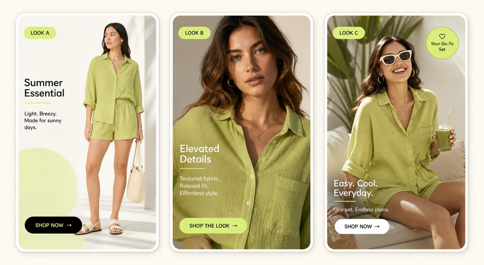 Three vertical fashion campaign creative cards comparing the same clothing item across ad concepts