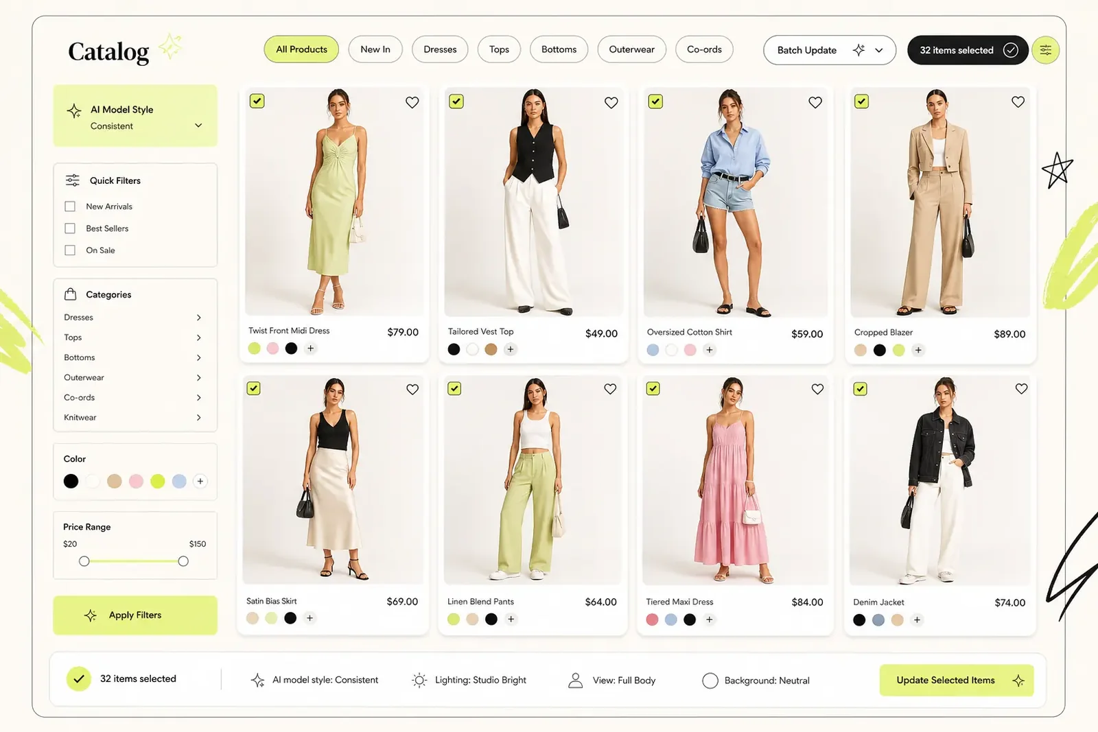 Fashion ecommerce catalog grid with consistent model previews across multiple clothing products