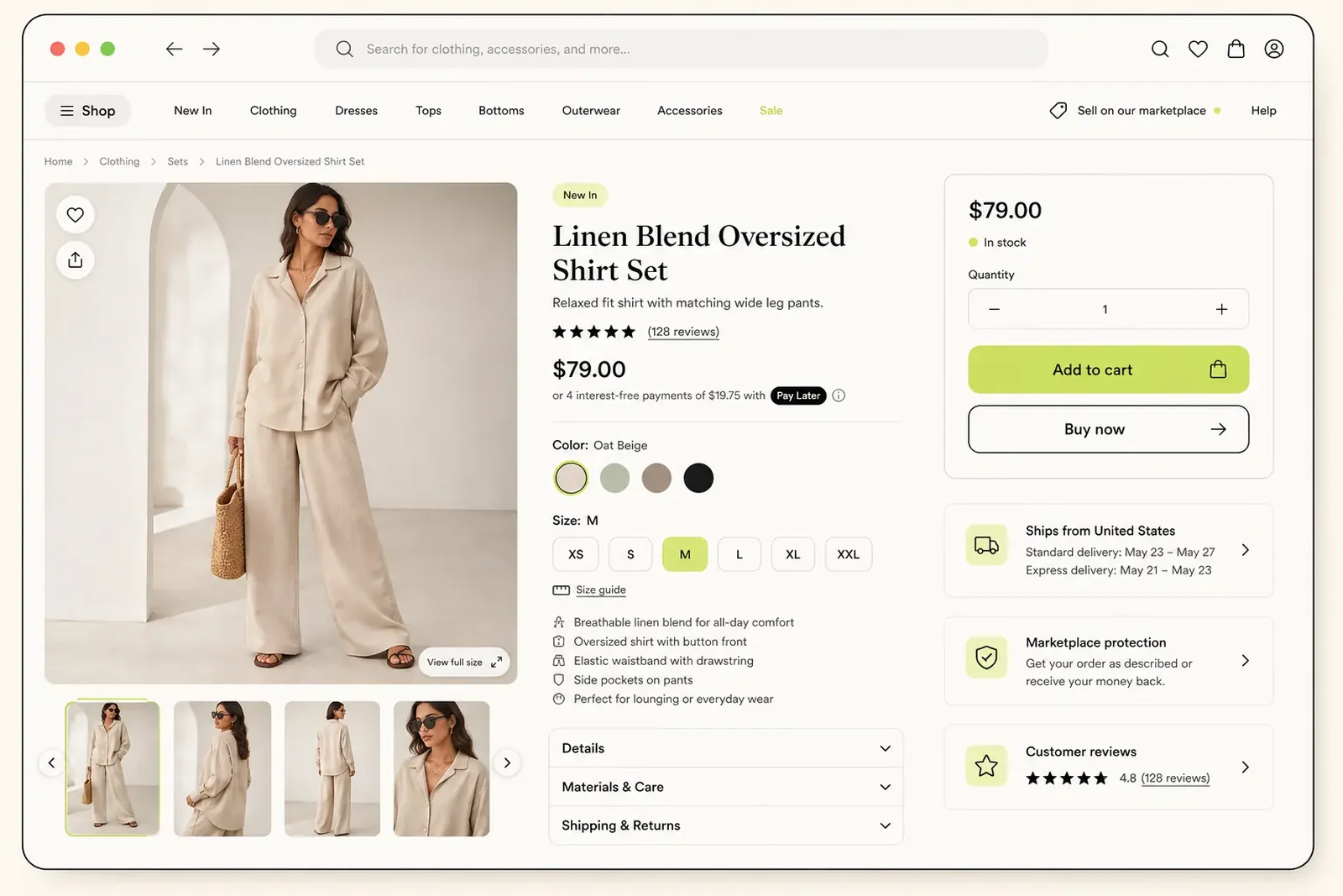 Abstract marketplace clothing listing page with main image, thumbnails, price, and purchase panel
