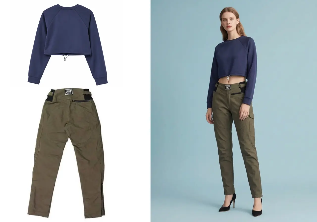 AI outfit generator example showing separate garment pieces turned into a complete outfit preview