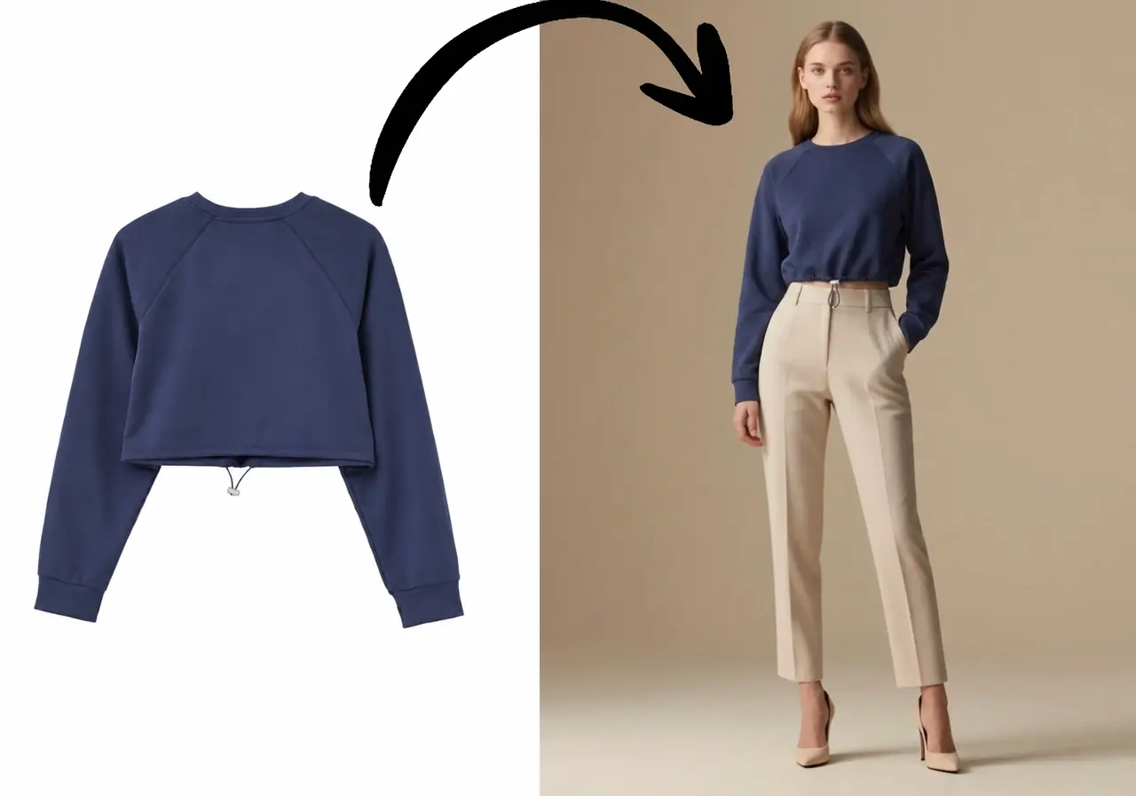 Virtual try-on tops example showing a shirt preview on a model